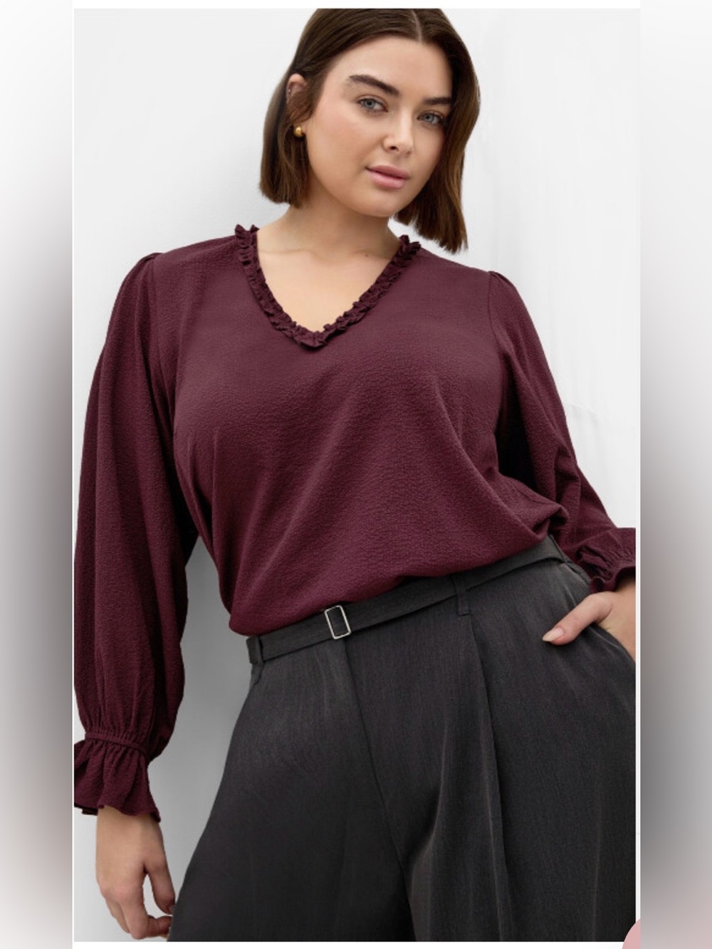 City Chic V-Neck Ruffle Trim Blouse - Burgundy